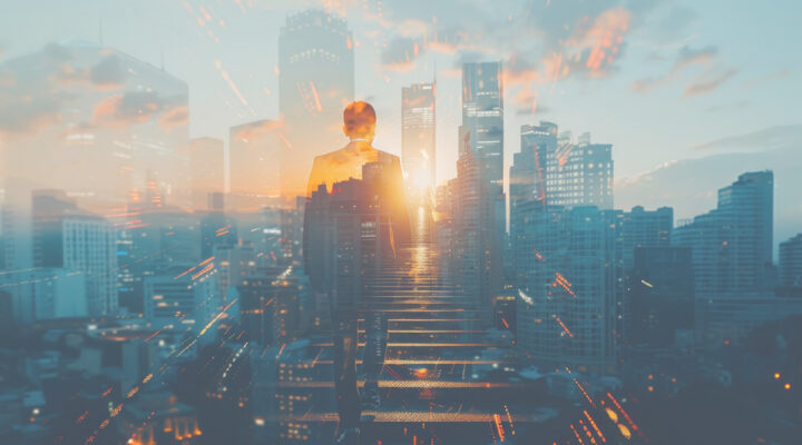 Business man walking up stairs blended with cityscape