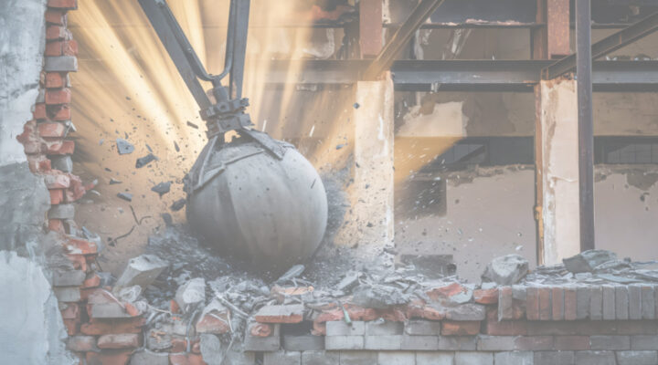 Wrecking ball breaking down wall