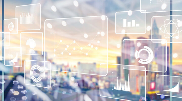 City view overlaid with data symbols