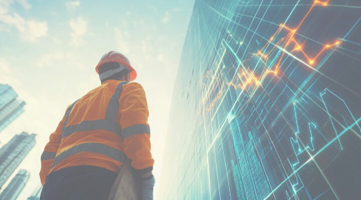 Construction worker standing in front of building with data analytics imposed on it
