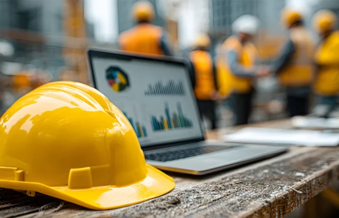 Construction Hard Hat sitting on table with people on background