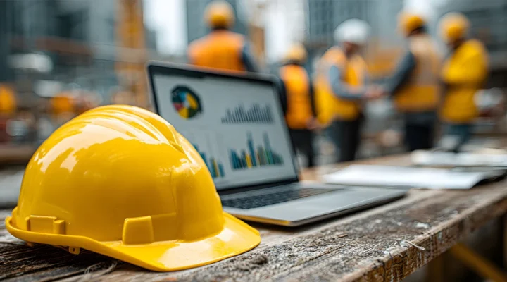 Construction Hard Hat sitting on table with people on background
