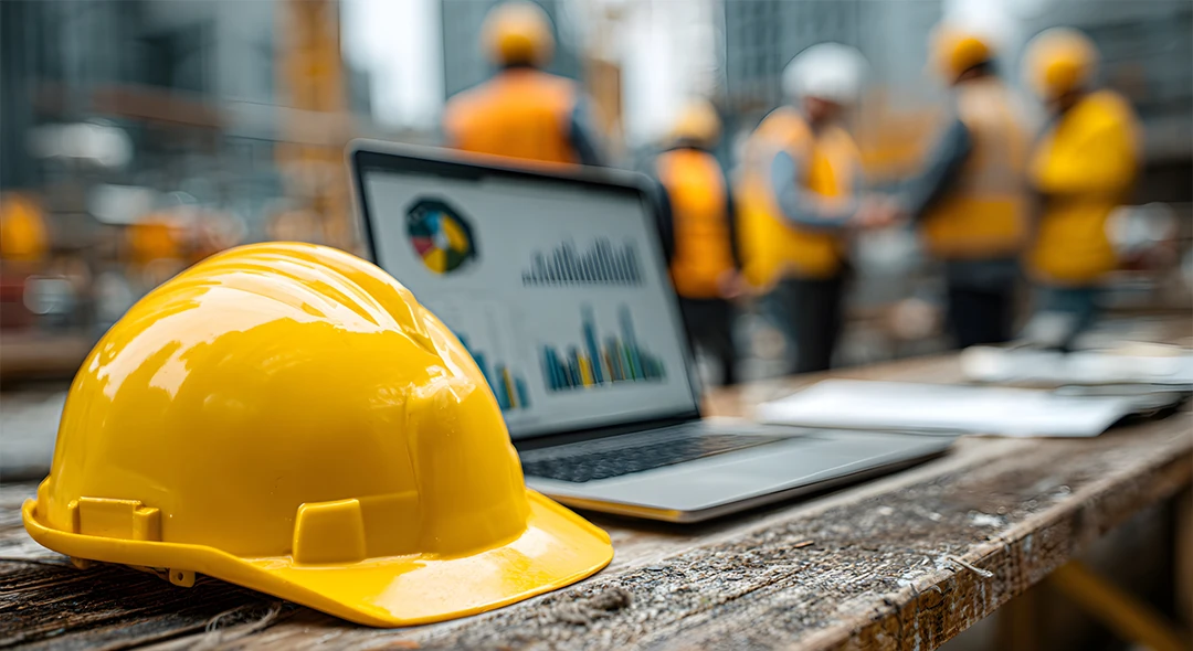 Construction Hard Hat sitting on table with people on background